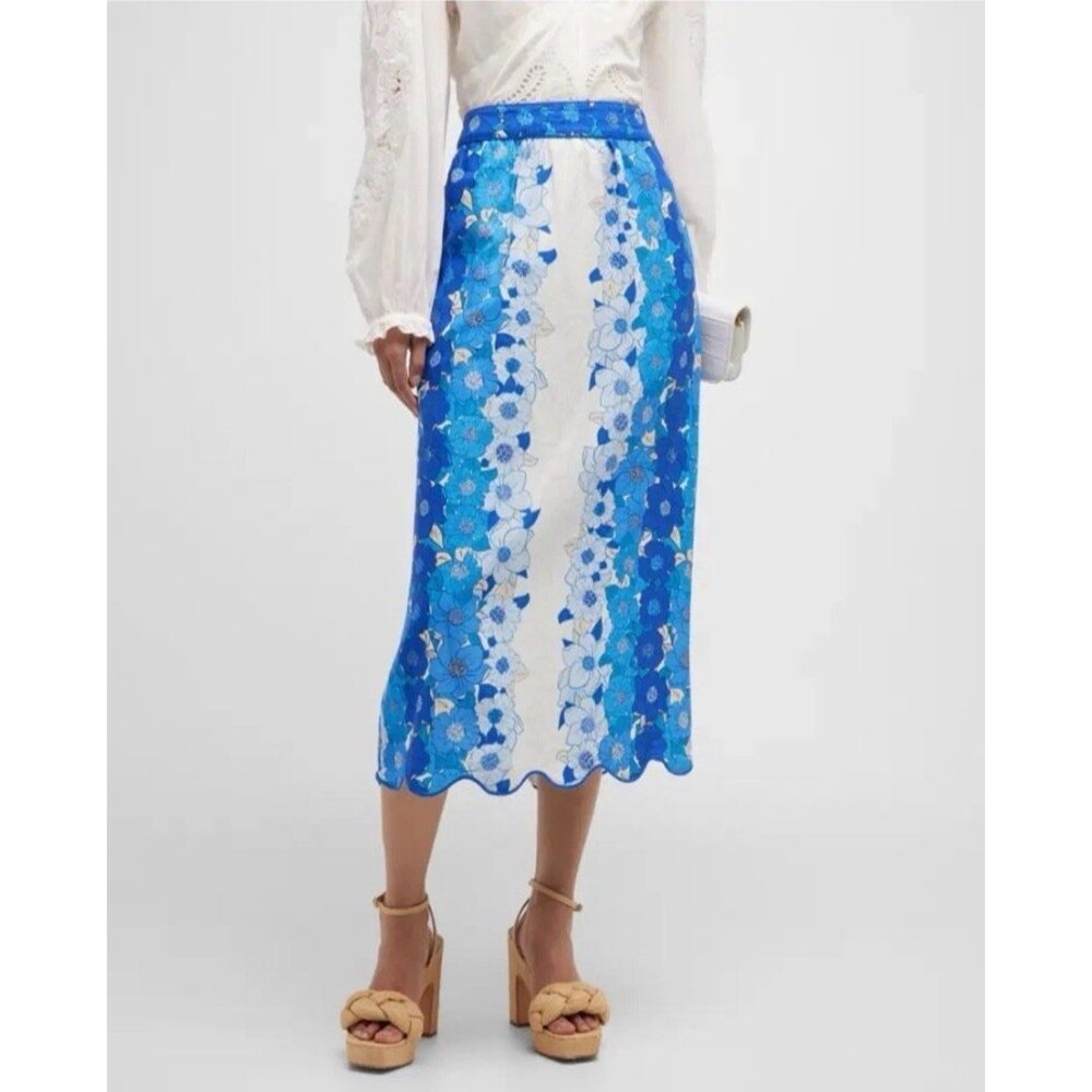 Farm Rio Midi Skirt Size M Flower Striped Blue White Linen Blend Scalloped Hem